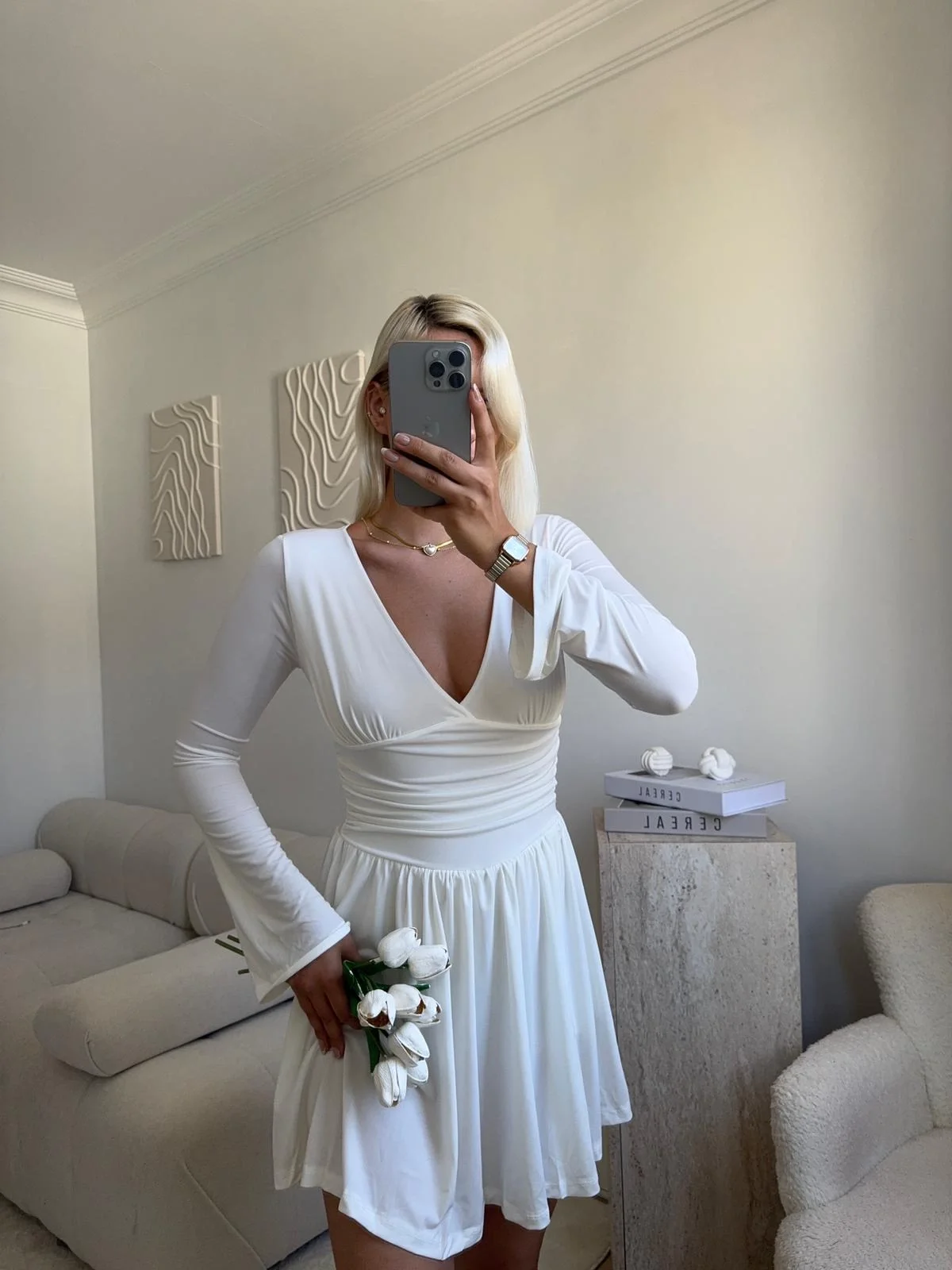 Pileli Kruvaze Şortlu Elbise - BEYAZ