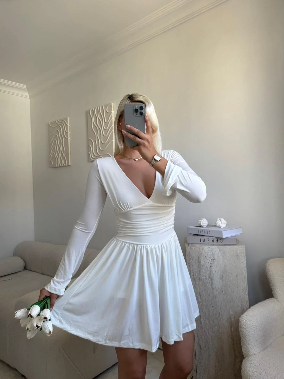 Pileli Kruvaze Şortlu Elbise - BEYAZ