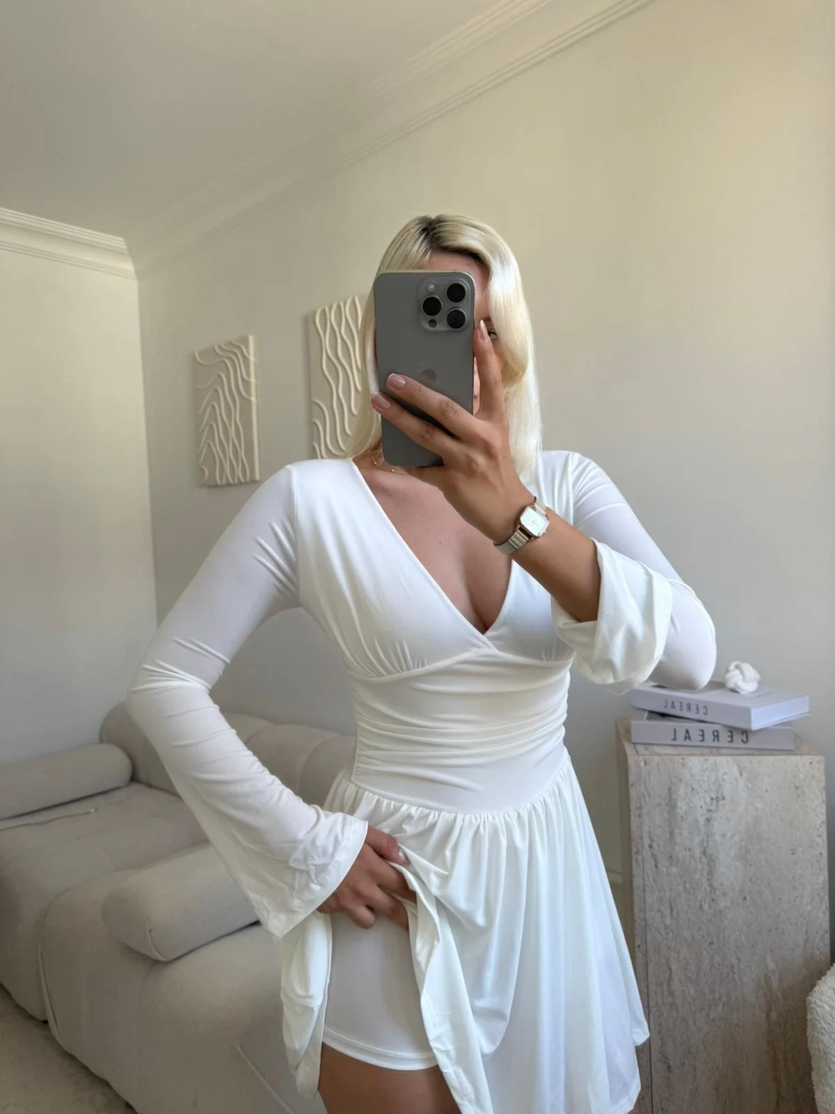 Pileli Kruvaze Şortlu Elbise - BEYAZ