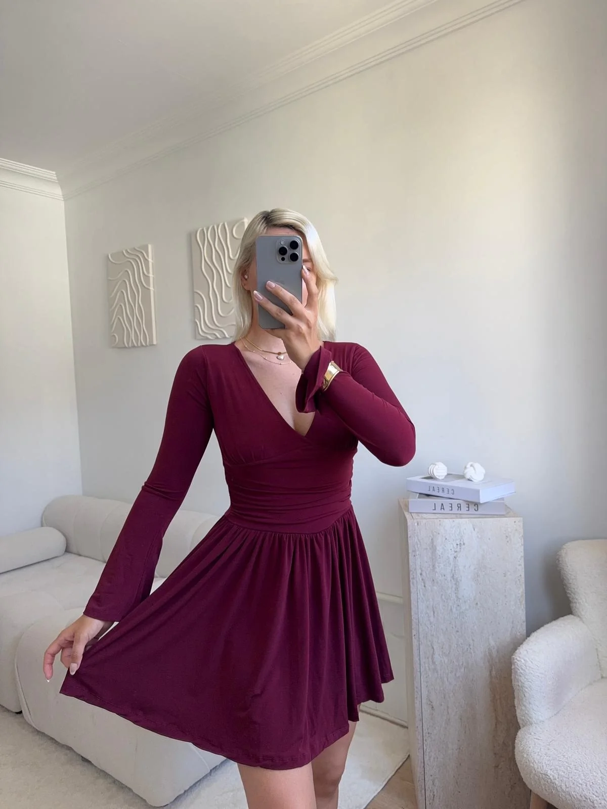 Pileli Kruvaze Şortlu Elbise - BORDO