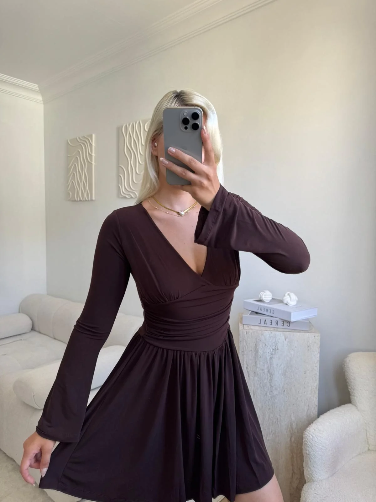 Pileli Kruvaze Şortlu Elbise - KAHVE