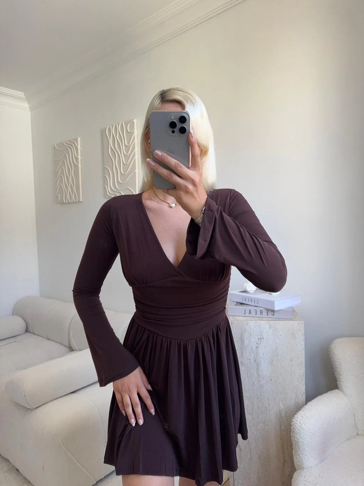 Pileli Kruvaze Şortlu Elbise - KAHVE