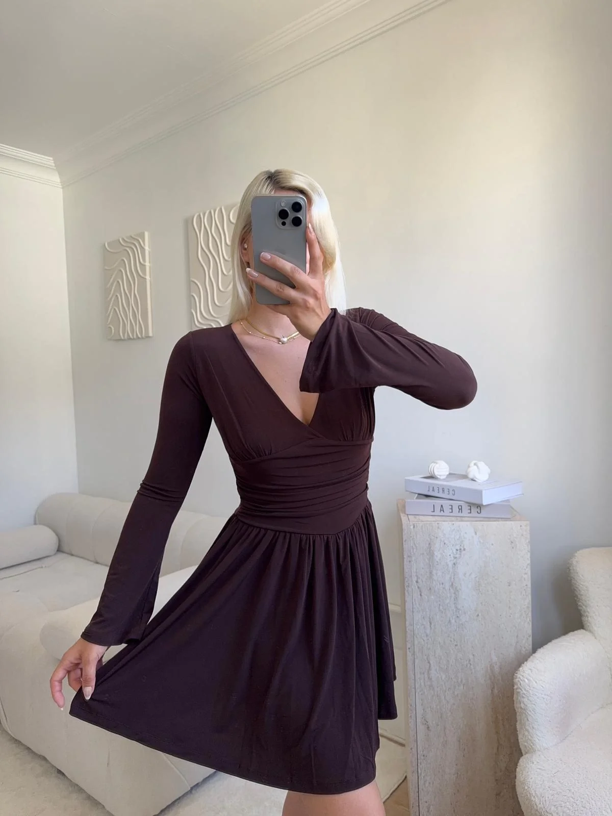 Pileli Kruvaze Şortlu Elbise - KAHVE