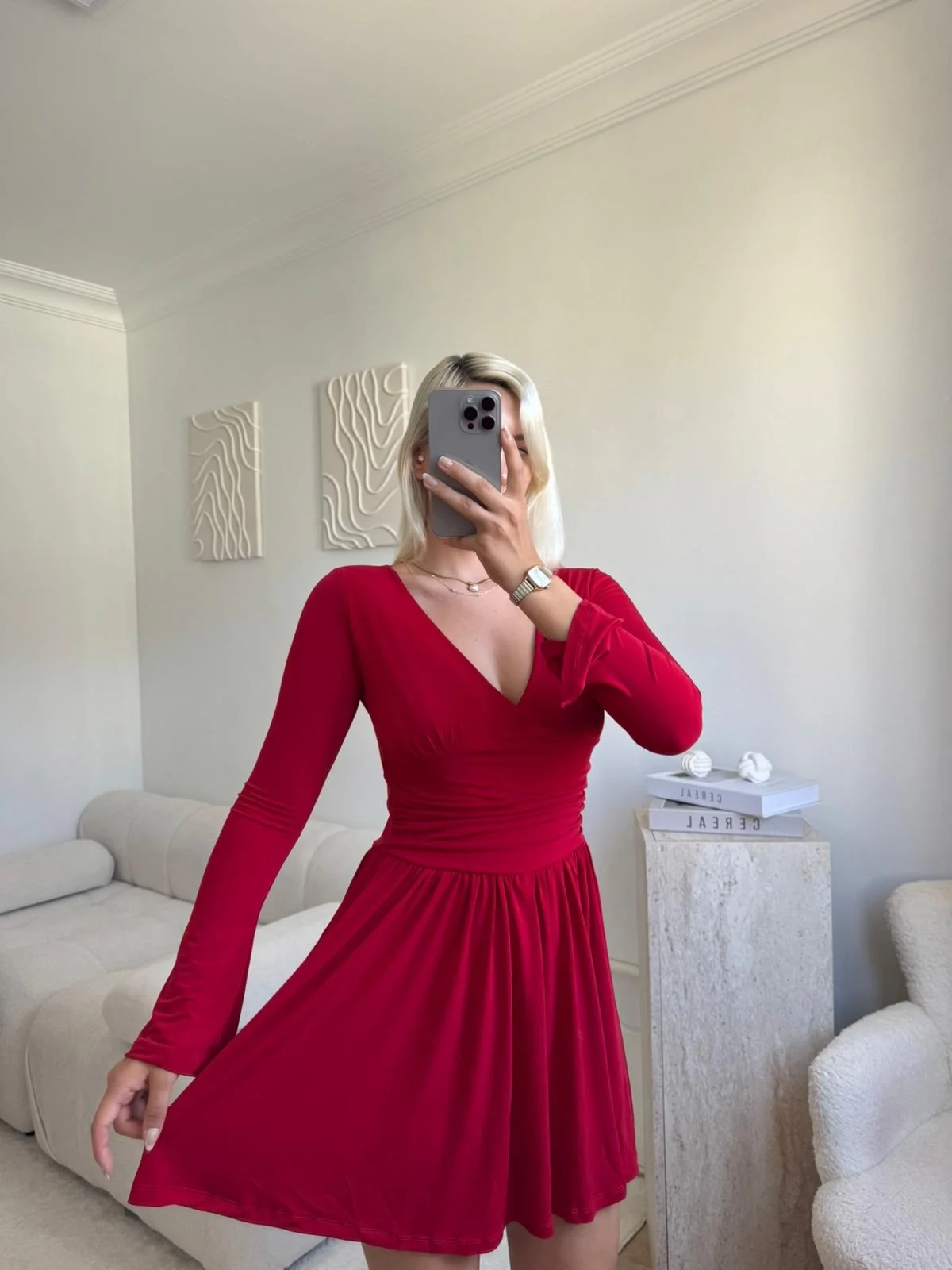 Pileli Kruvaze Şortlu Elbise - KIRMIZI