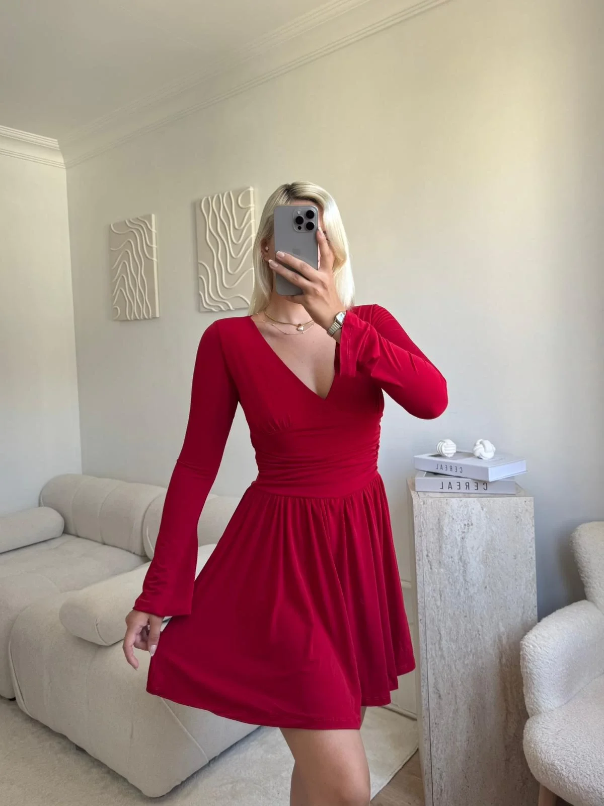 Pileli Kruvaze Şortlu Elbise - KIRMIZI