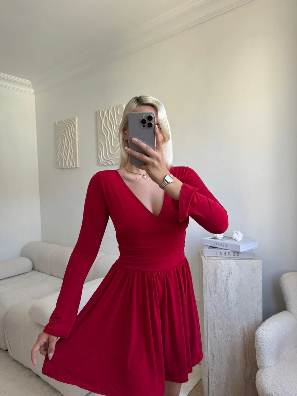 Pileli Kruvaze Şortlu Elbise - KIRMIZI