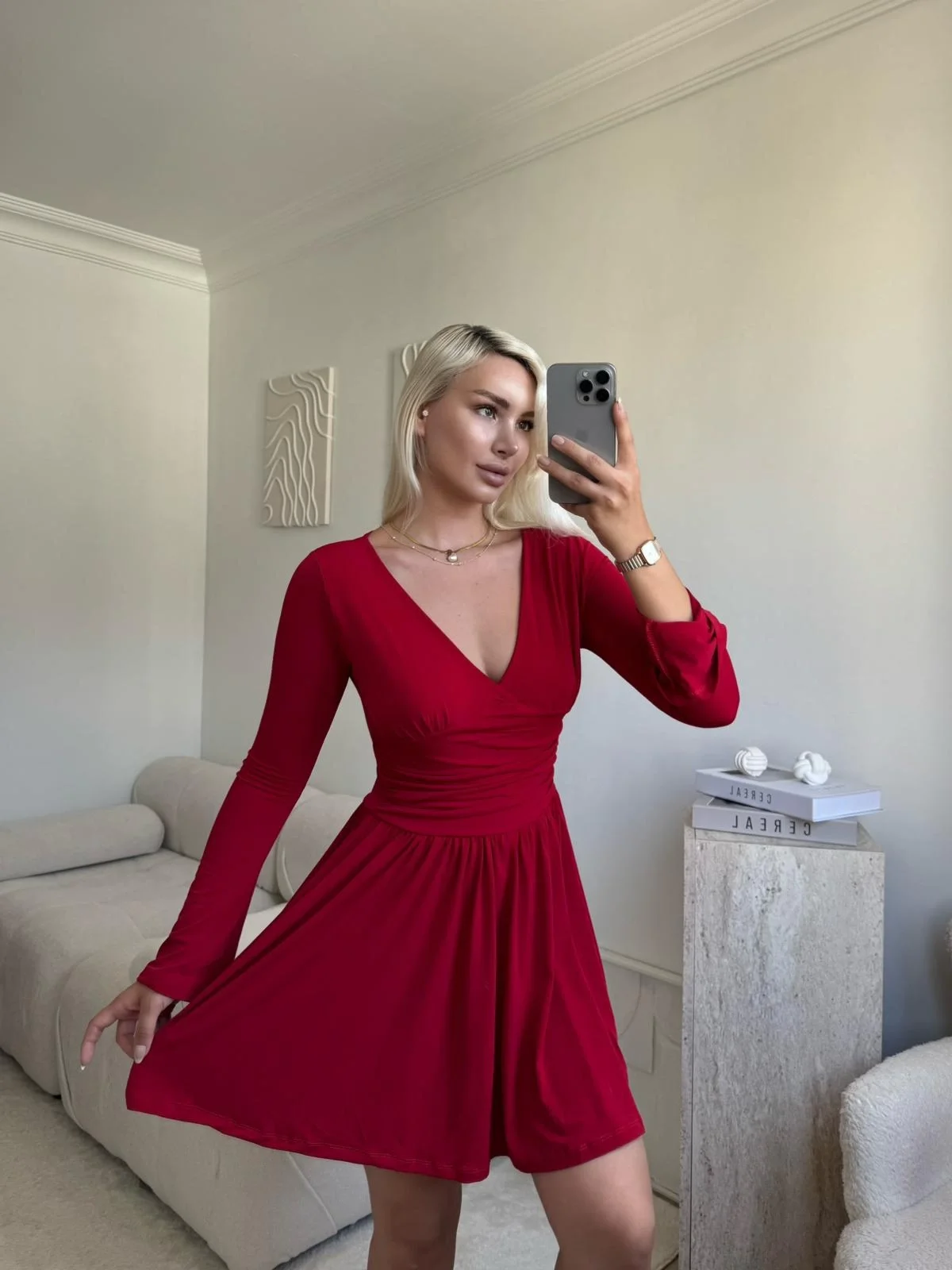 Pileli Kruvaze Şortlu Elbise - KIRMIZI