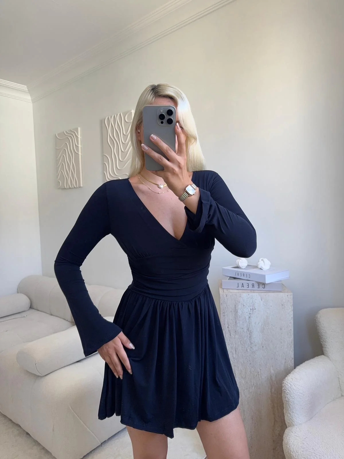 Pileli Kruvaze Şortlu Elbise - LACİVERT