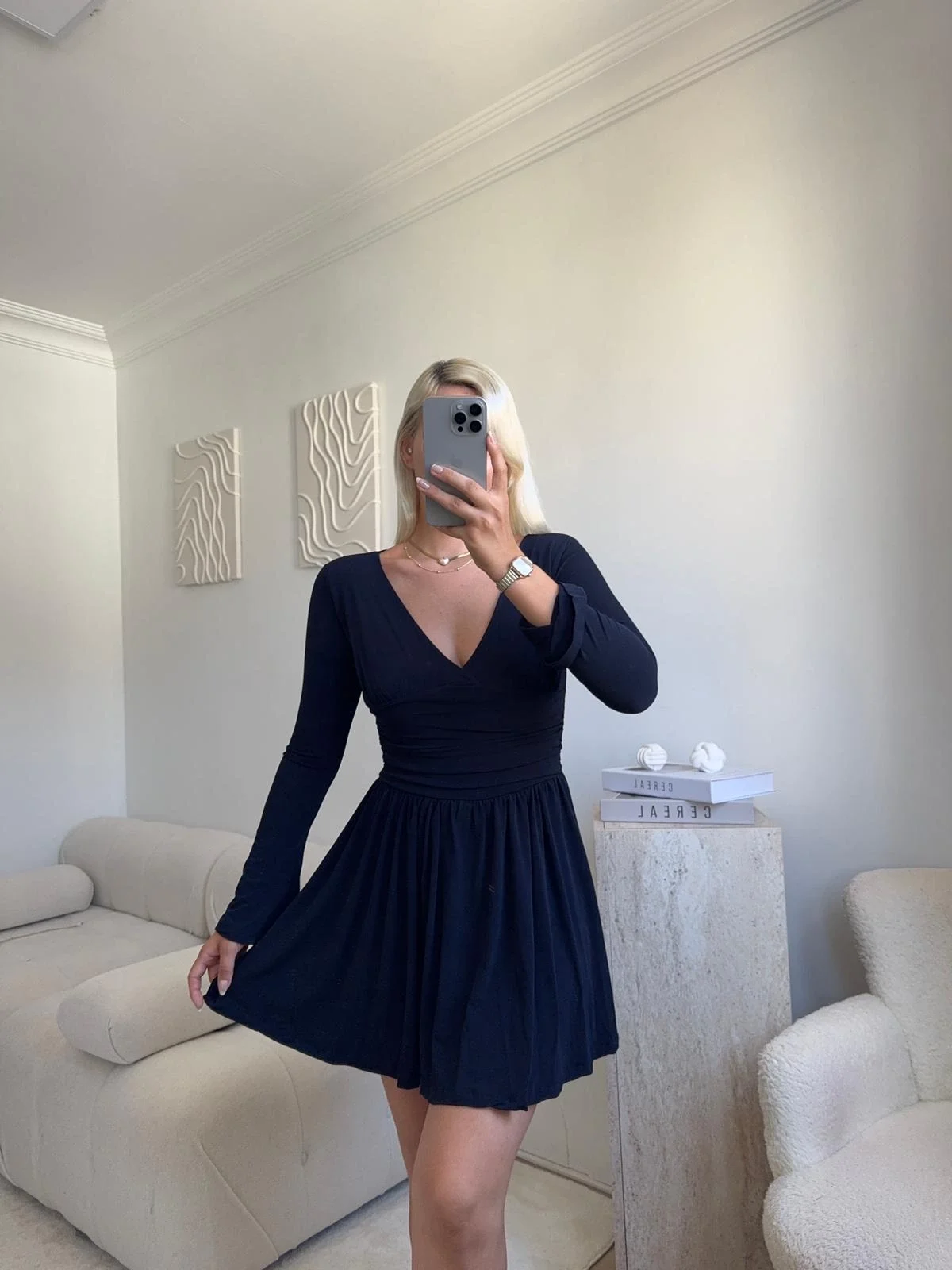 Pileli Kruvaze Şortlu Elbise - LACİVERT