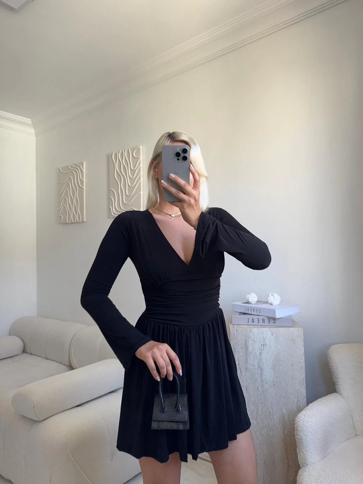 Pileli Kruvaze Şortlu Elbise - SİYAH