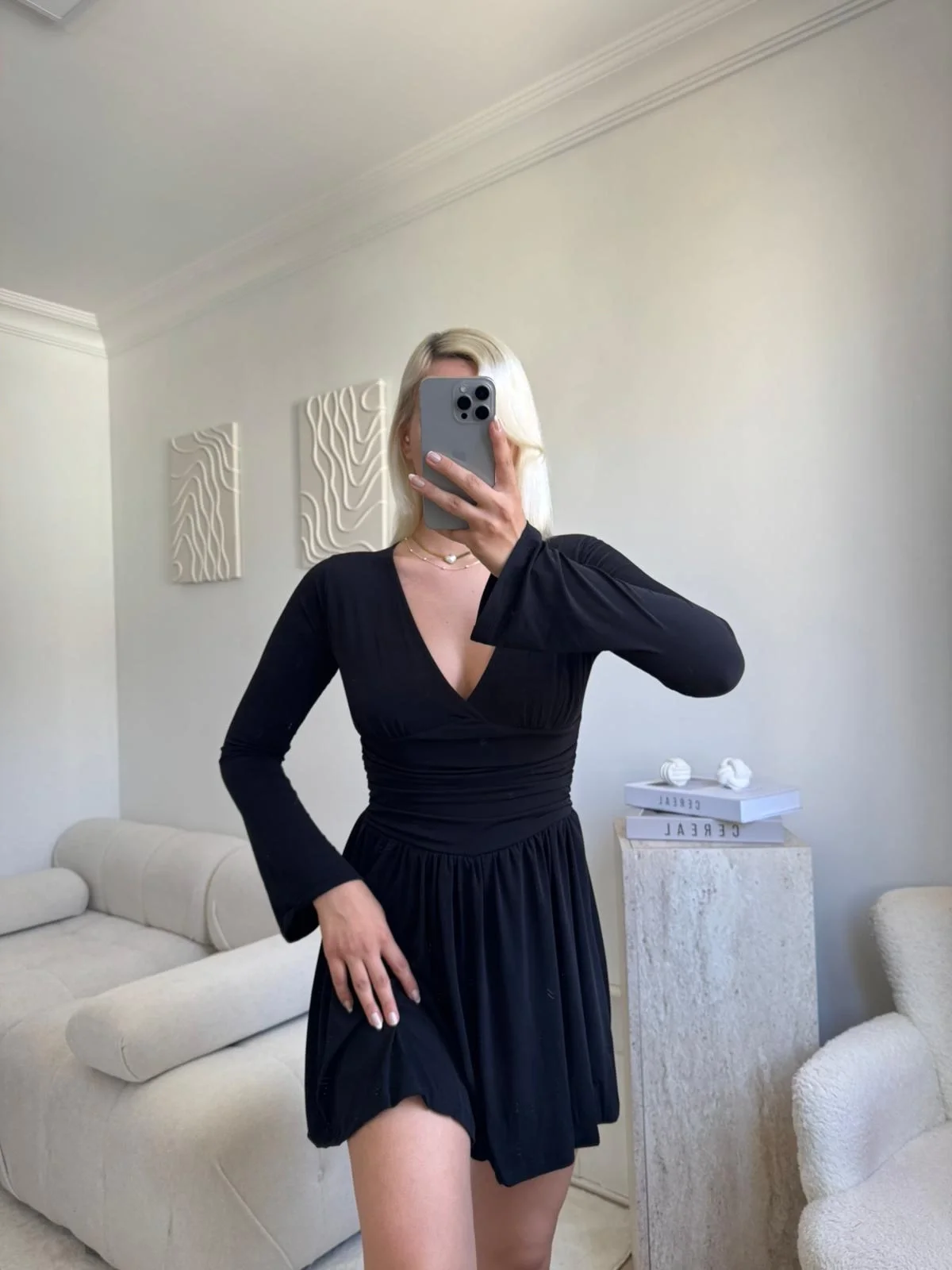 Pileli Kruvaze Şortlu Elbise - SİYAH