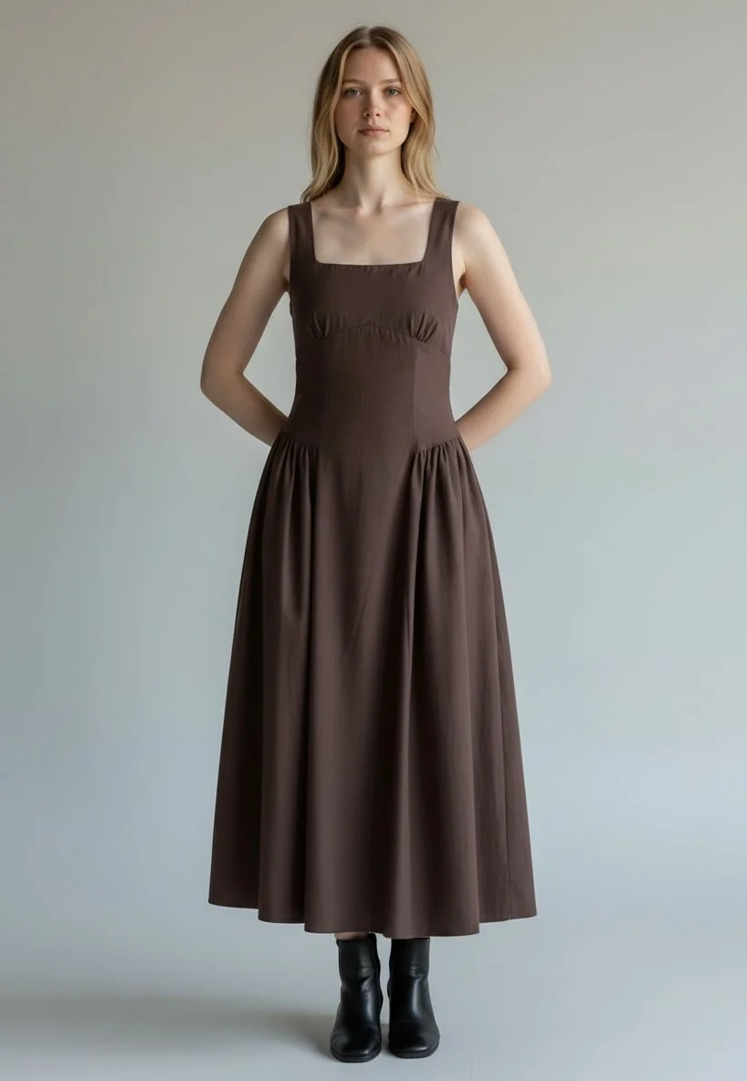 Poplin Kare Yaka Prenses Elbise - KAHVE