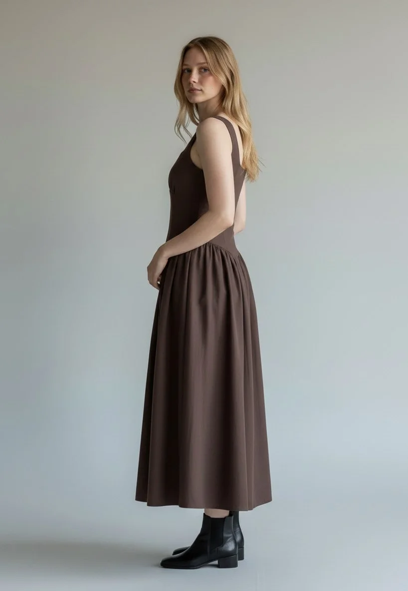 Poplin Kare Yaka Prenses Elbise - KAHVE