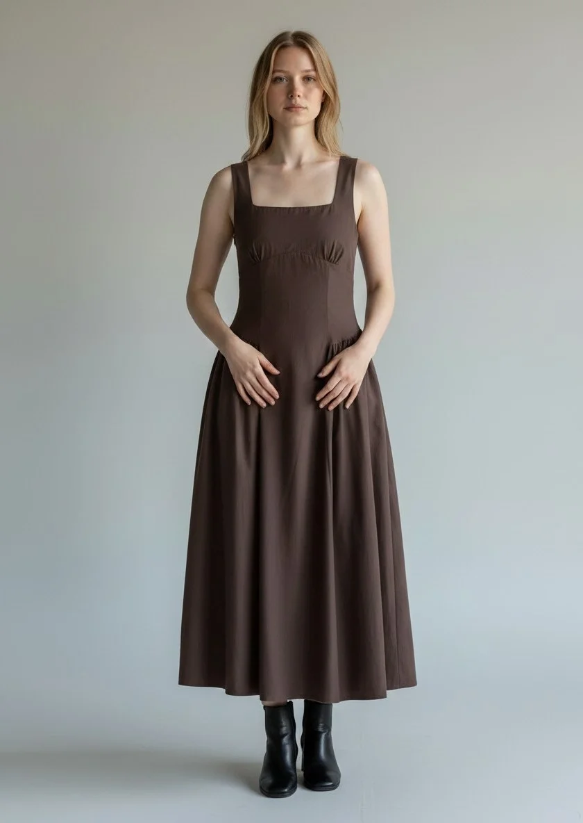 Poplin Kare Yaka Prenses Elbise - KAHVE