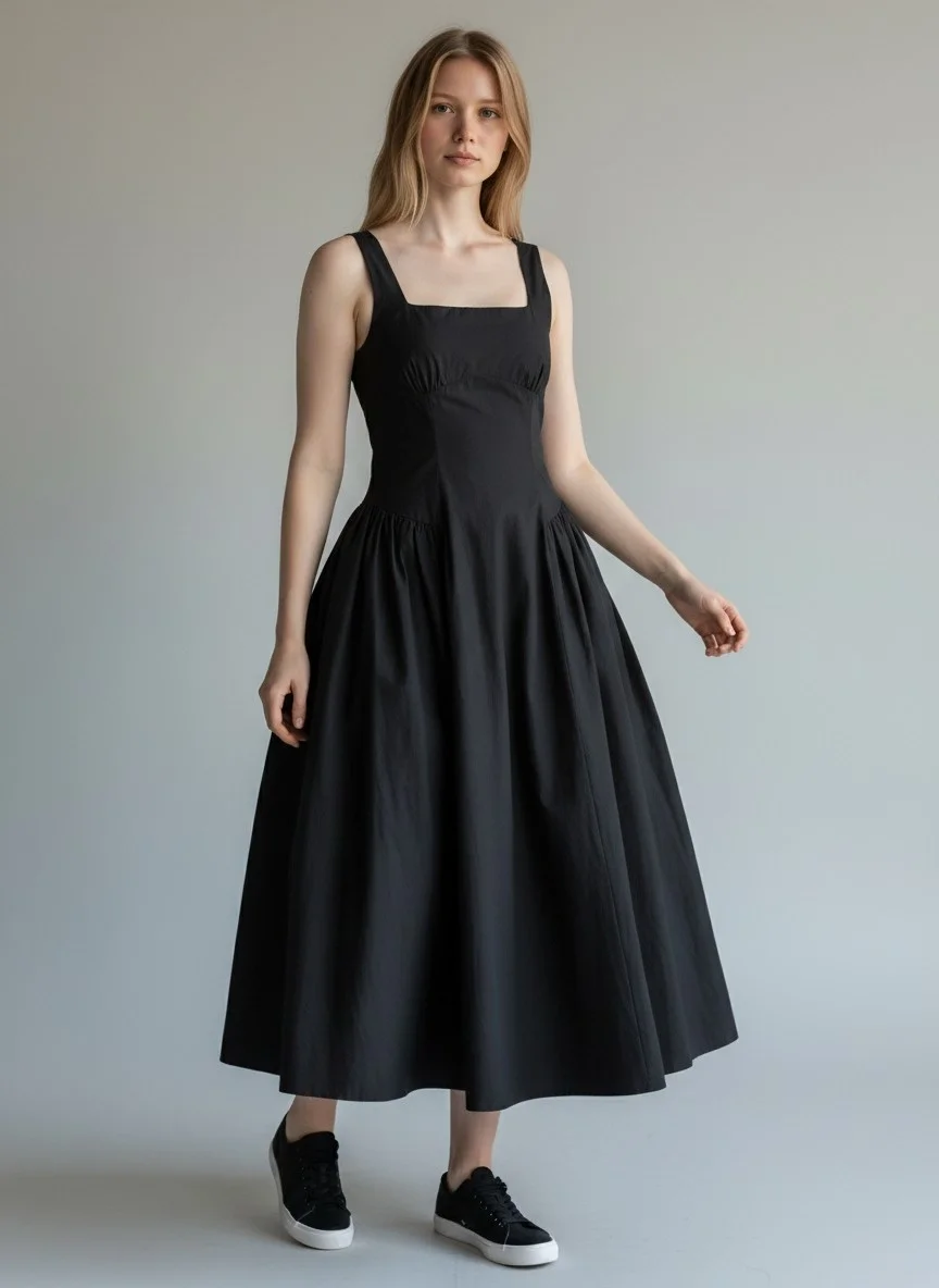 Poplin Kare Yaka Prenses Elbise - SİYAH