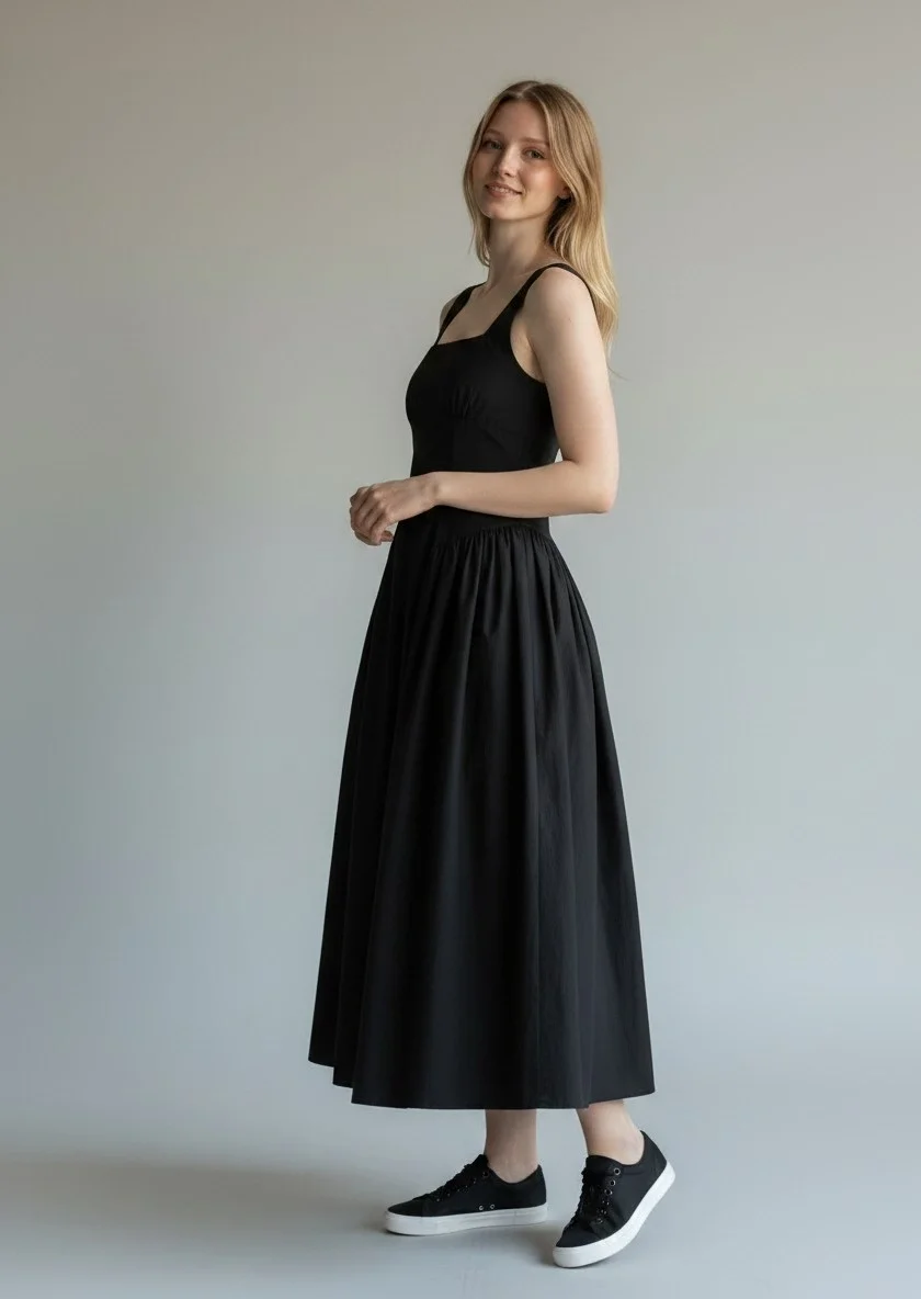 Poplin Kare Yaka Prenses Elbise - SİYAH
