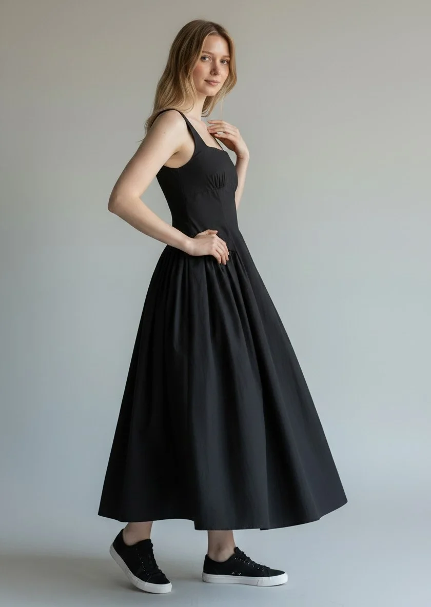 Poplin Kare Yaka Prenses Elbise - SİYAH