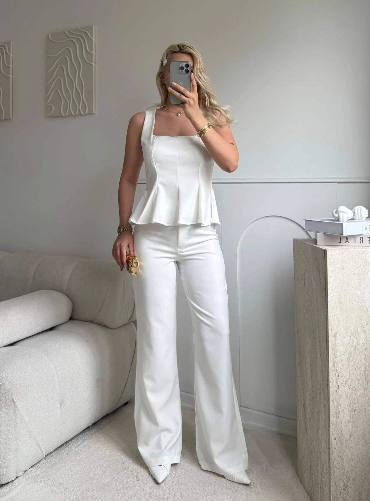 Premium Volanlı Pantolon Takım - BEYAZ