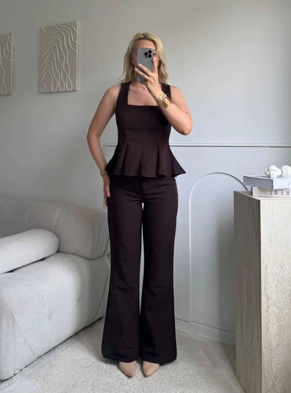 Premium Volanlı Pantolon Takım - KAHVE