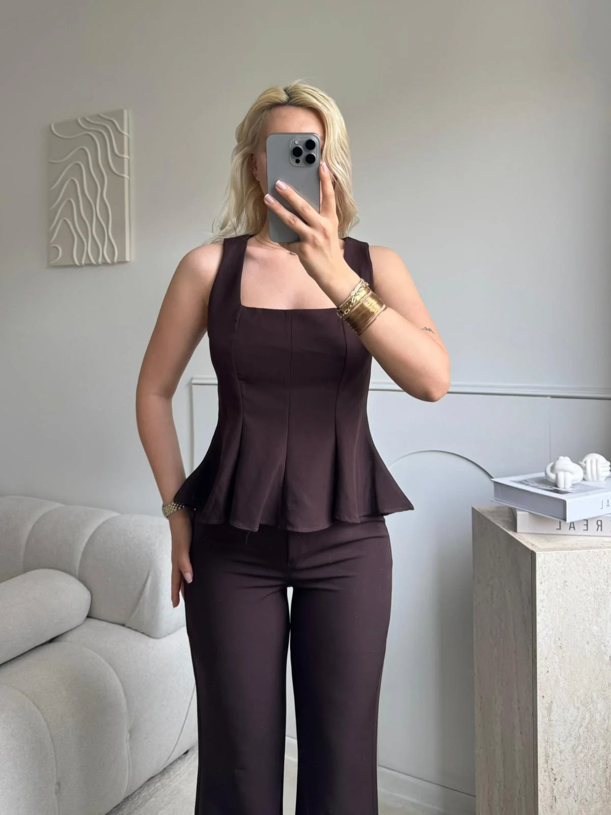 Premium Volanlı Pantolon Takım - KAHVE