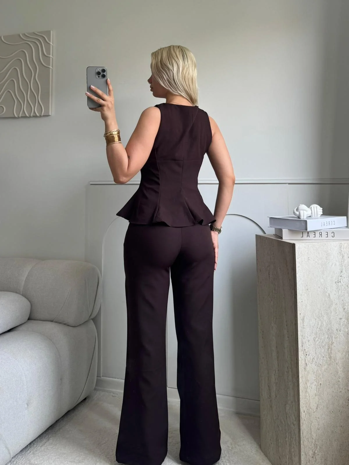 Premium Volanlı Pantolon Takım - KAHVE