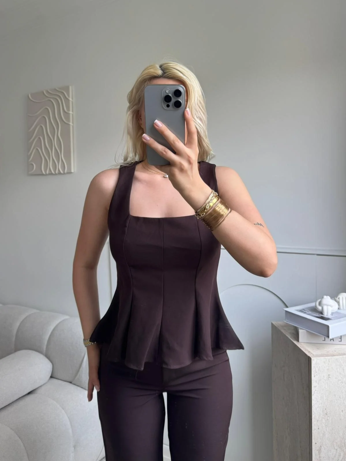 Premium Volanlı Pantolon Takım - KAHVE
