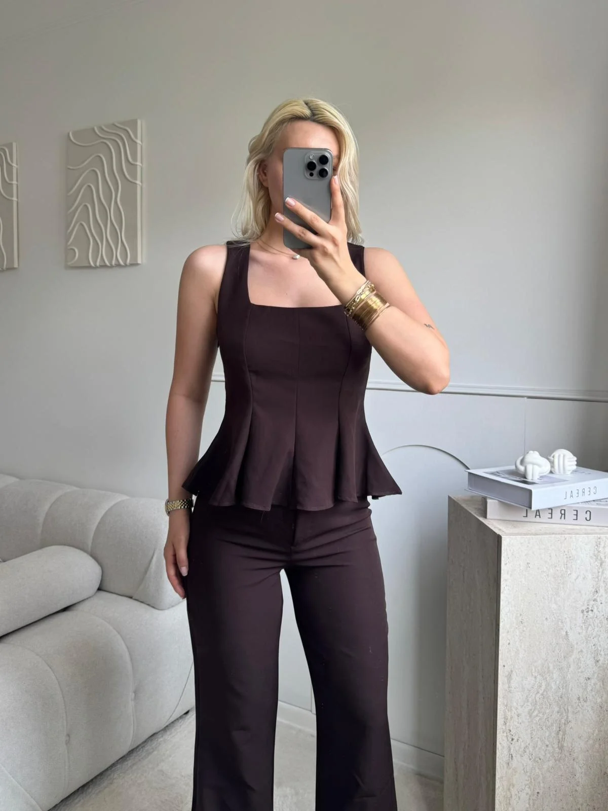 Premium Volanlı Pantolon Takım - KAHVE