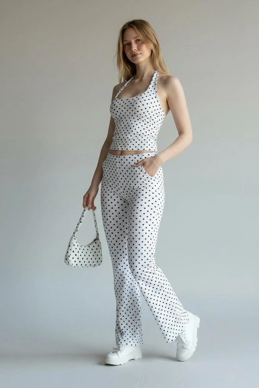 Puantiyeli Halter Yaka Crop Top Pantolon Takım
