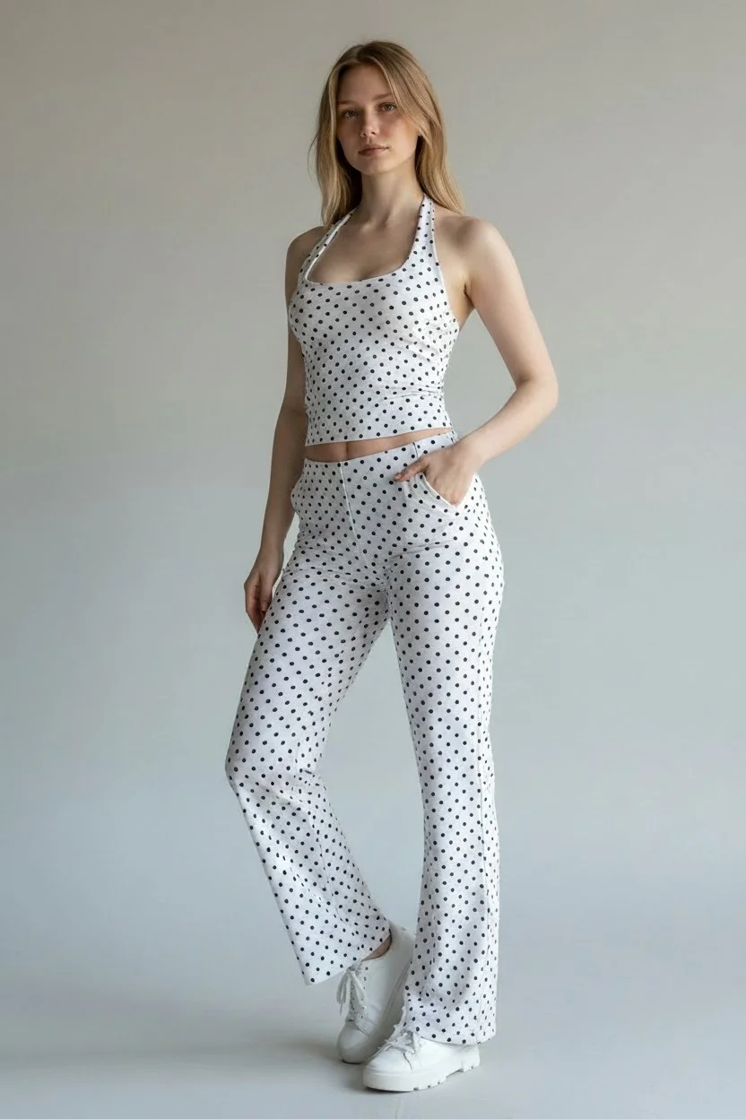 Puantiyeli Halter Yaka Crop Top Pantolon Takım