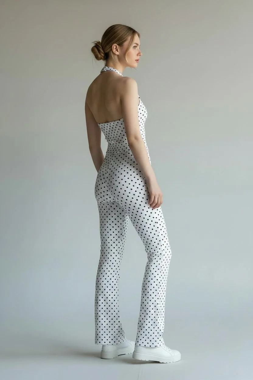 Puantiyeli Halter Yaka Crop Top Pantolon Takım