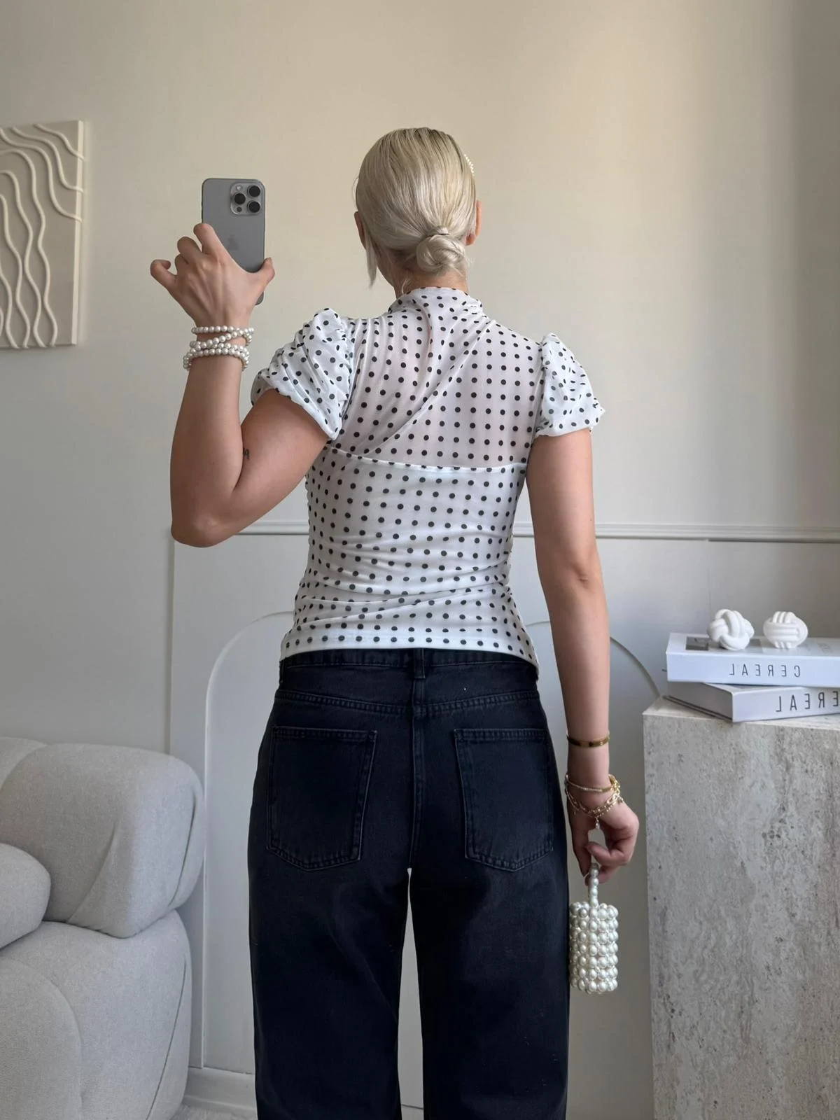 Puantiyeli Karpuz Kol Bluz - BEYAZ