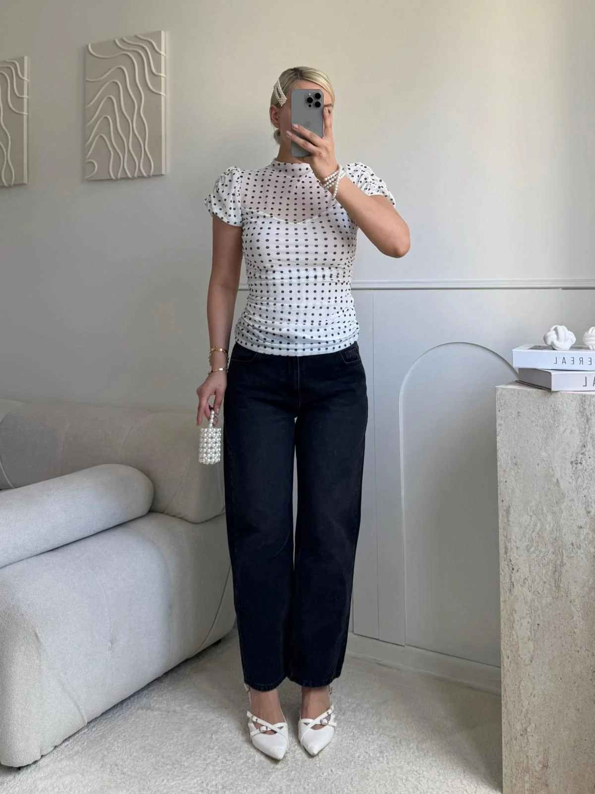 Puantiyeli Karpuz Kol Bluz - BEYAZ