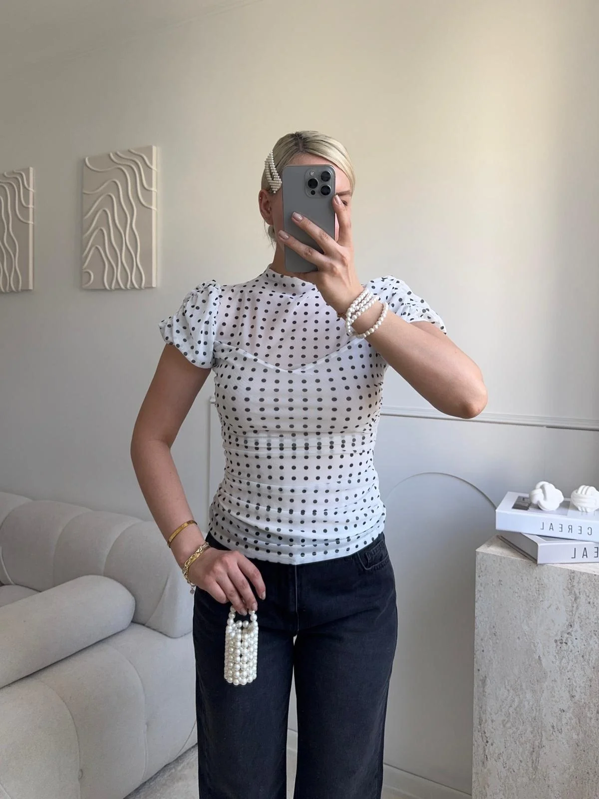 Puantiyeli Karpuz Kol Bluz - BEYAZ