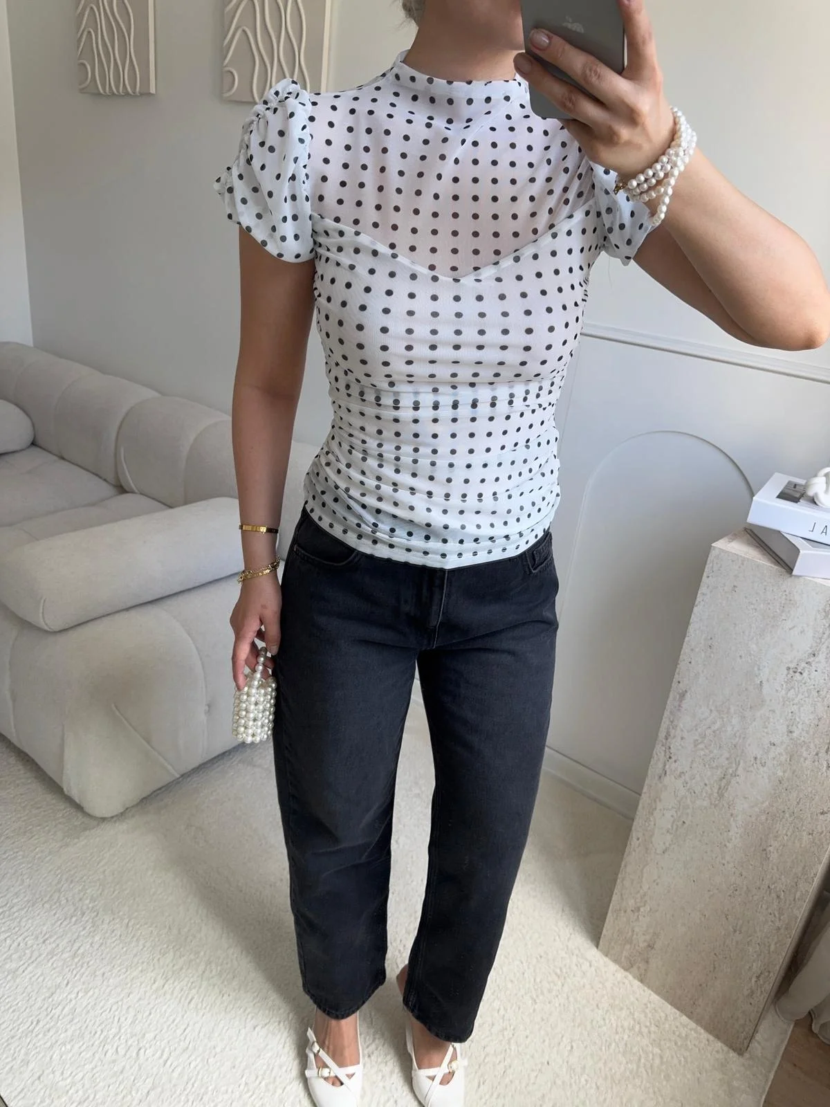 Puantiyeli Karpuz Kol Bluz - BEYAZ