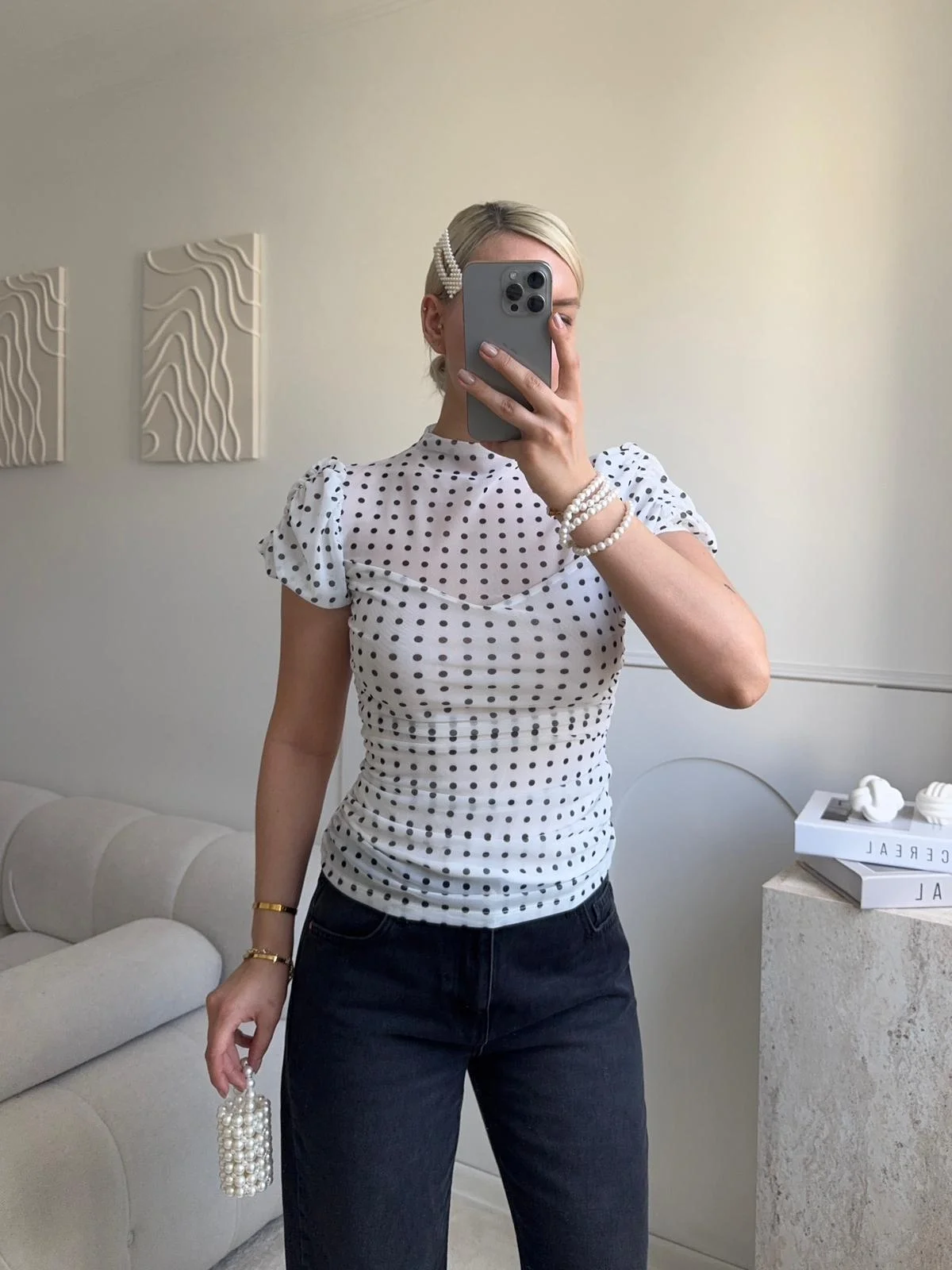 Puantiyeli Karpuz Kol Bluz - BEYAZ