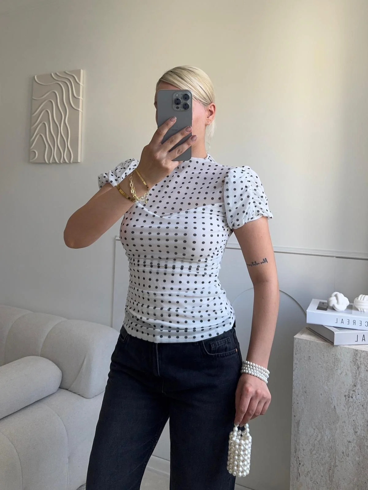 Puantiyeli Karpuz Kol Bluz - BEYAZ