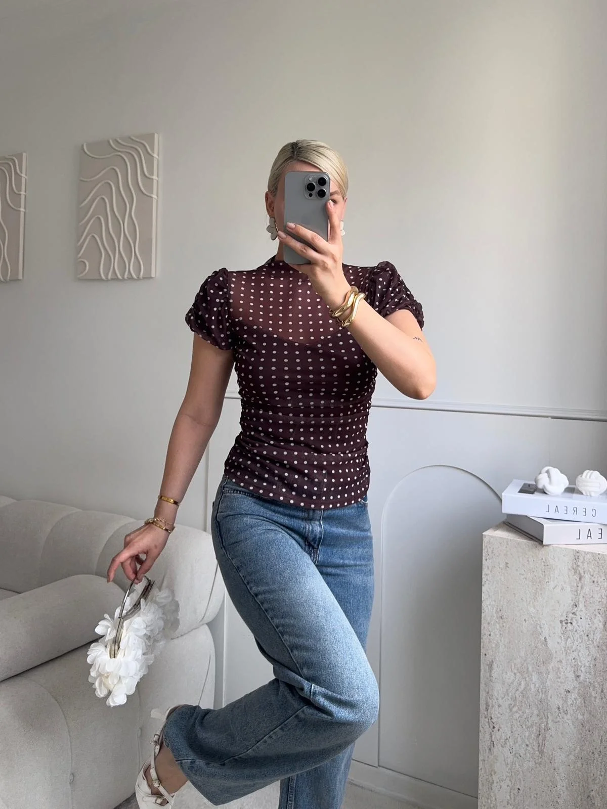 Puantiyeli Karpuz Kol Bluz - KAHVE