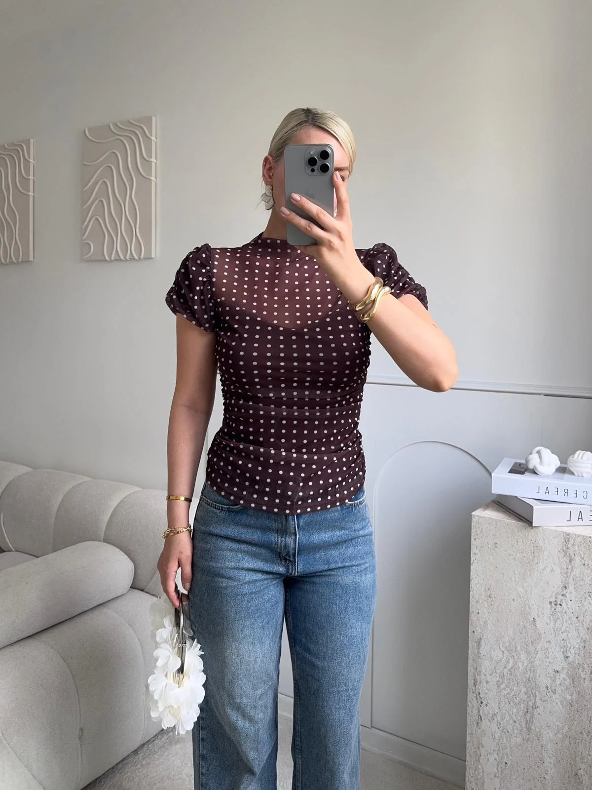 Puantiyeli Karpuz Kol Bluz - KAHVE