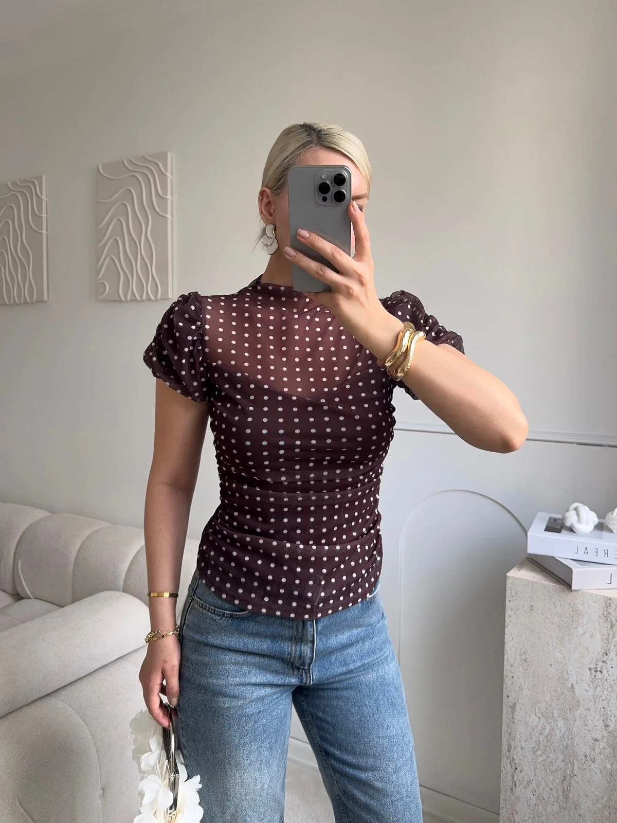 Puantiyeli Karpuz Kol Bluz - KAHVE