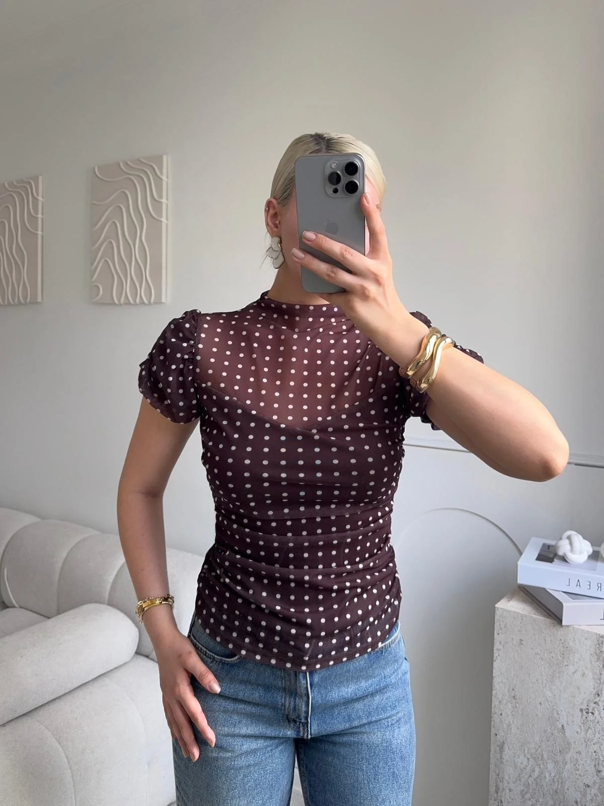 Puantiyeli Karpuz Kol Bluz - KAHVE