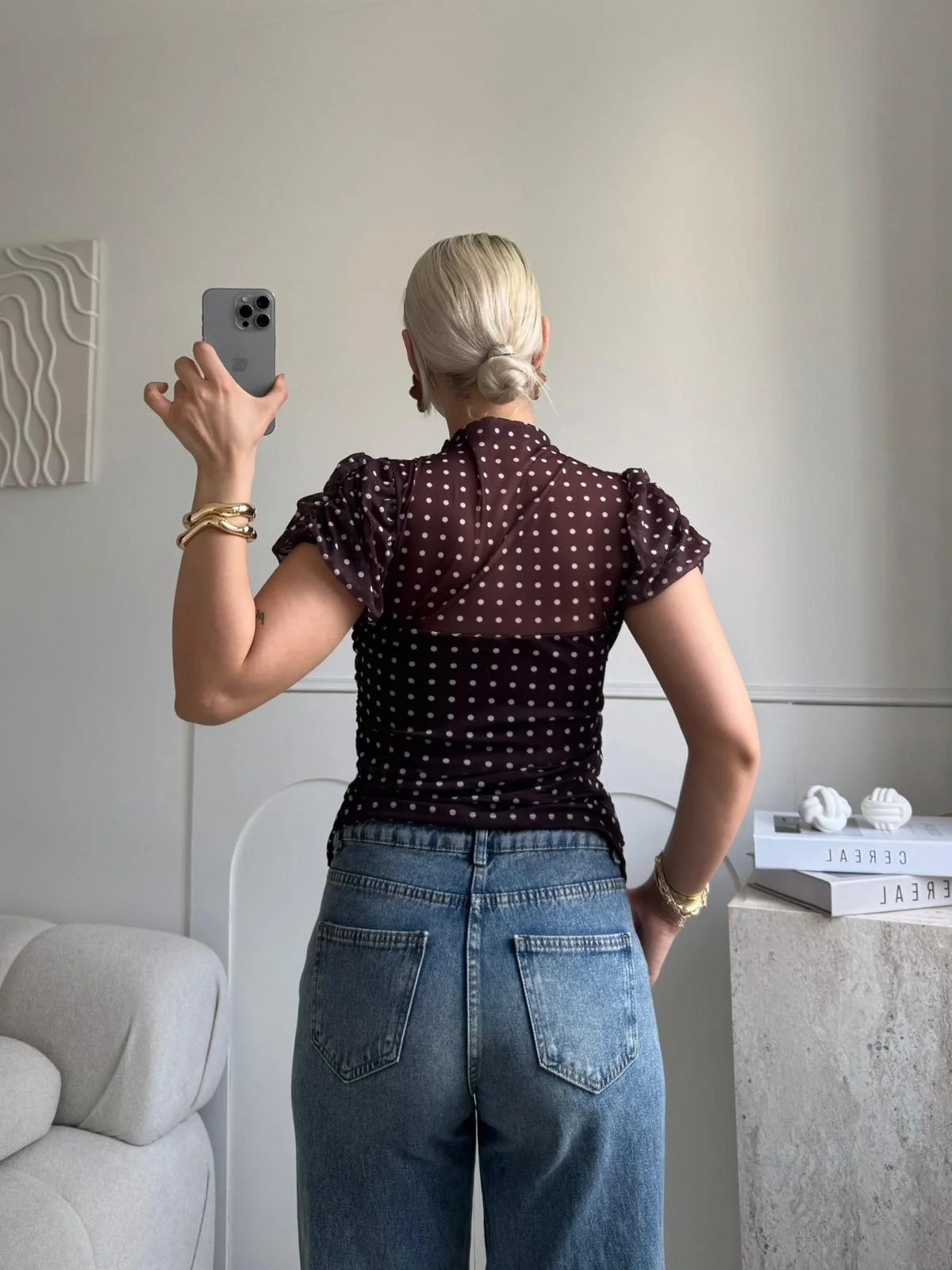 Puantiyeli Karpuz Kol Bluz - KAHVE