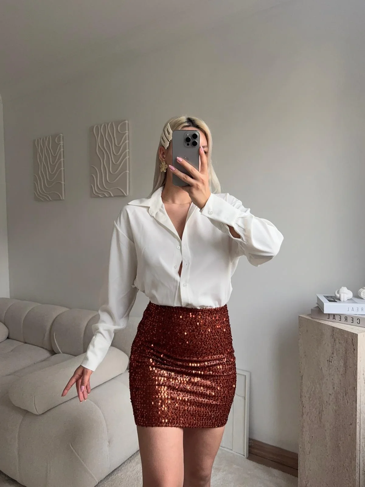 Pul Payet Etekli Gömlek Elbise - BEYAZ