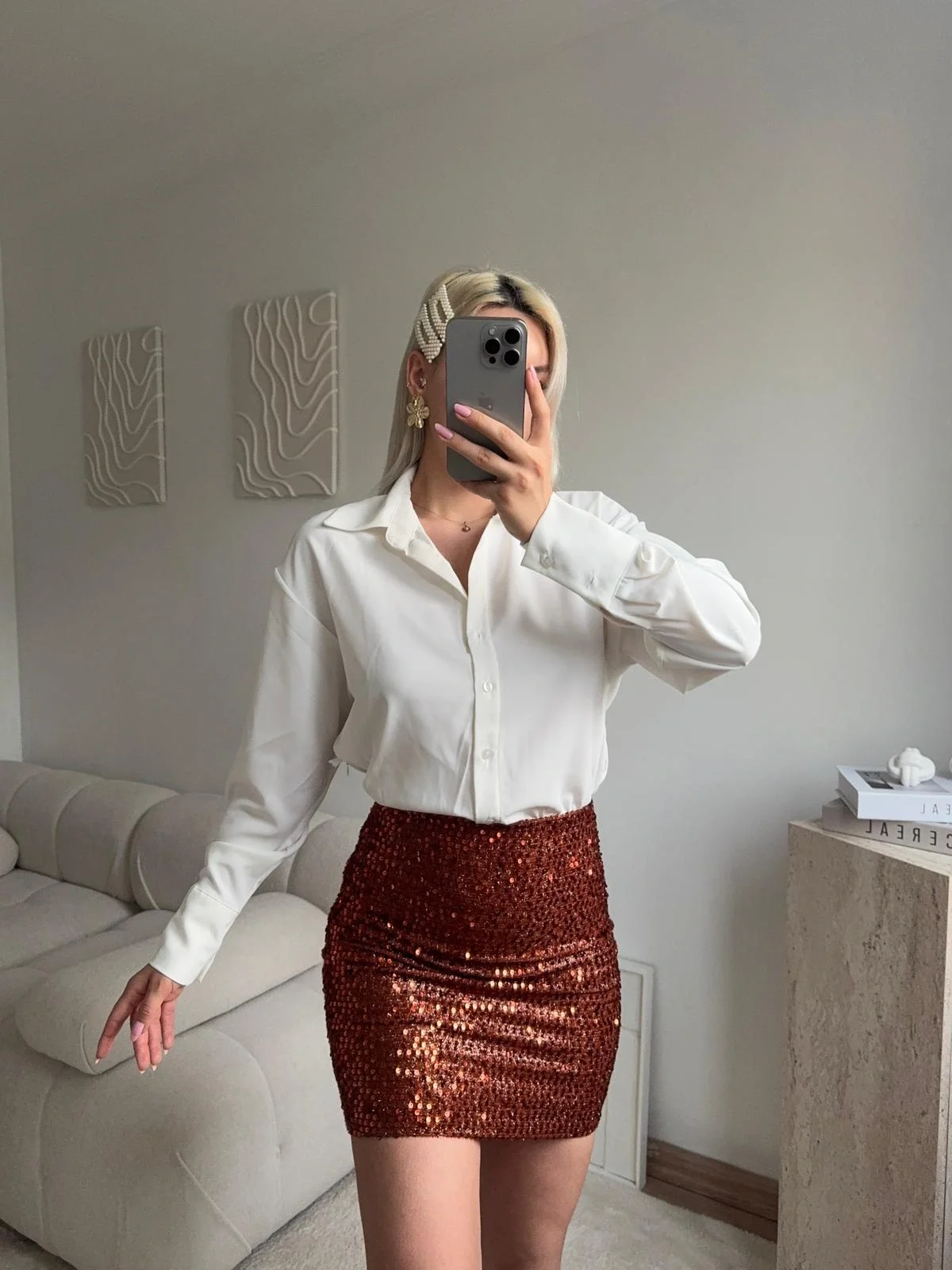 Pul Payet Etekli Gömlek Elbise - BEYAZ