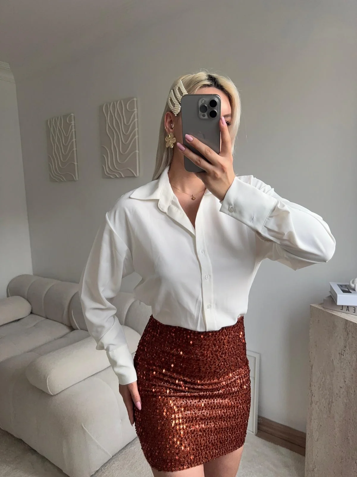 Pul Payet Etekli Gömlek Elbise - BEYAZ