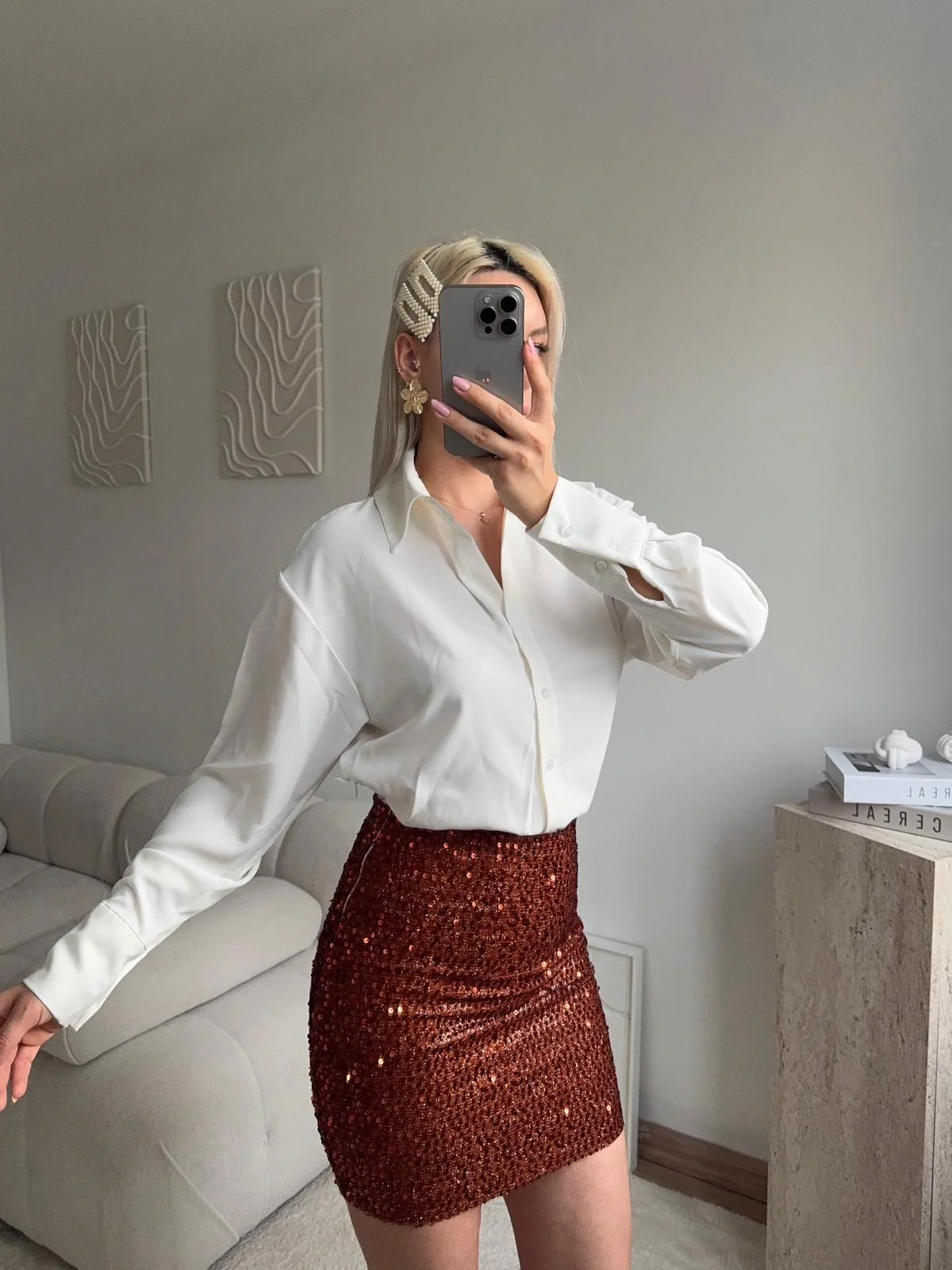 Pul Payet Etekli Gömlek Elbise - BEYAZ