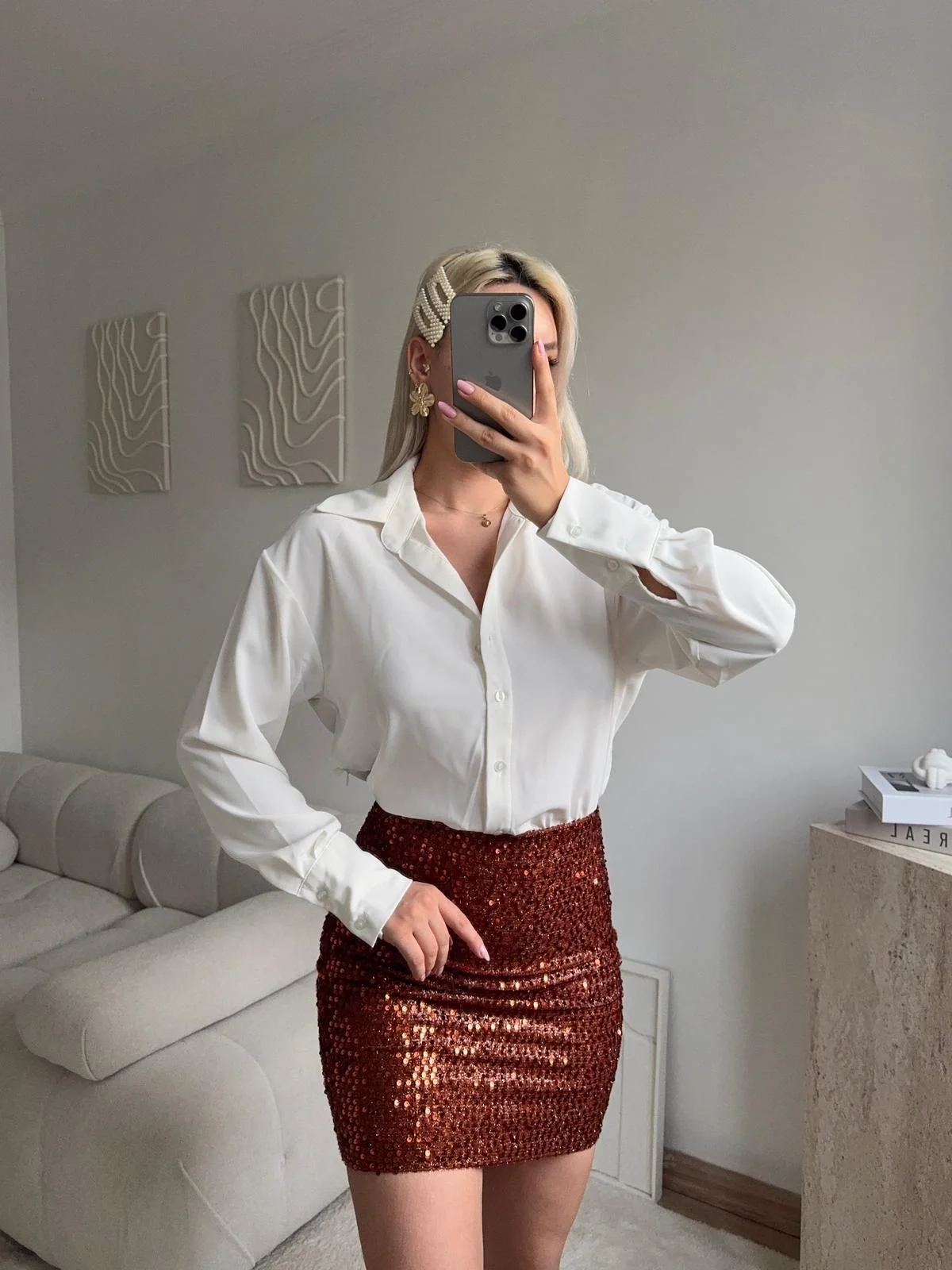 Pul Payet Etekli Gömlek Elbise - BEYAZ