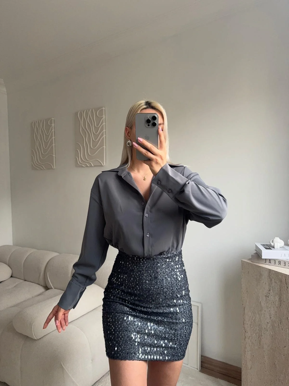 Pul Payet Etekli Gömlek Elbise - GRİ