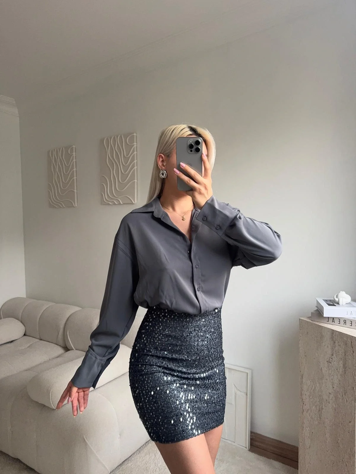 Pul Payet Etekli Gömlek Elbise - GRİ