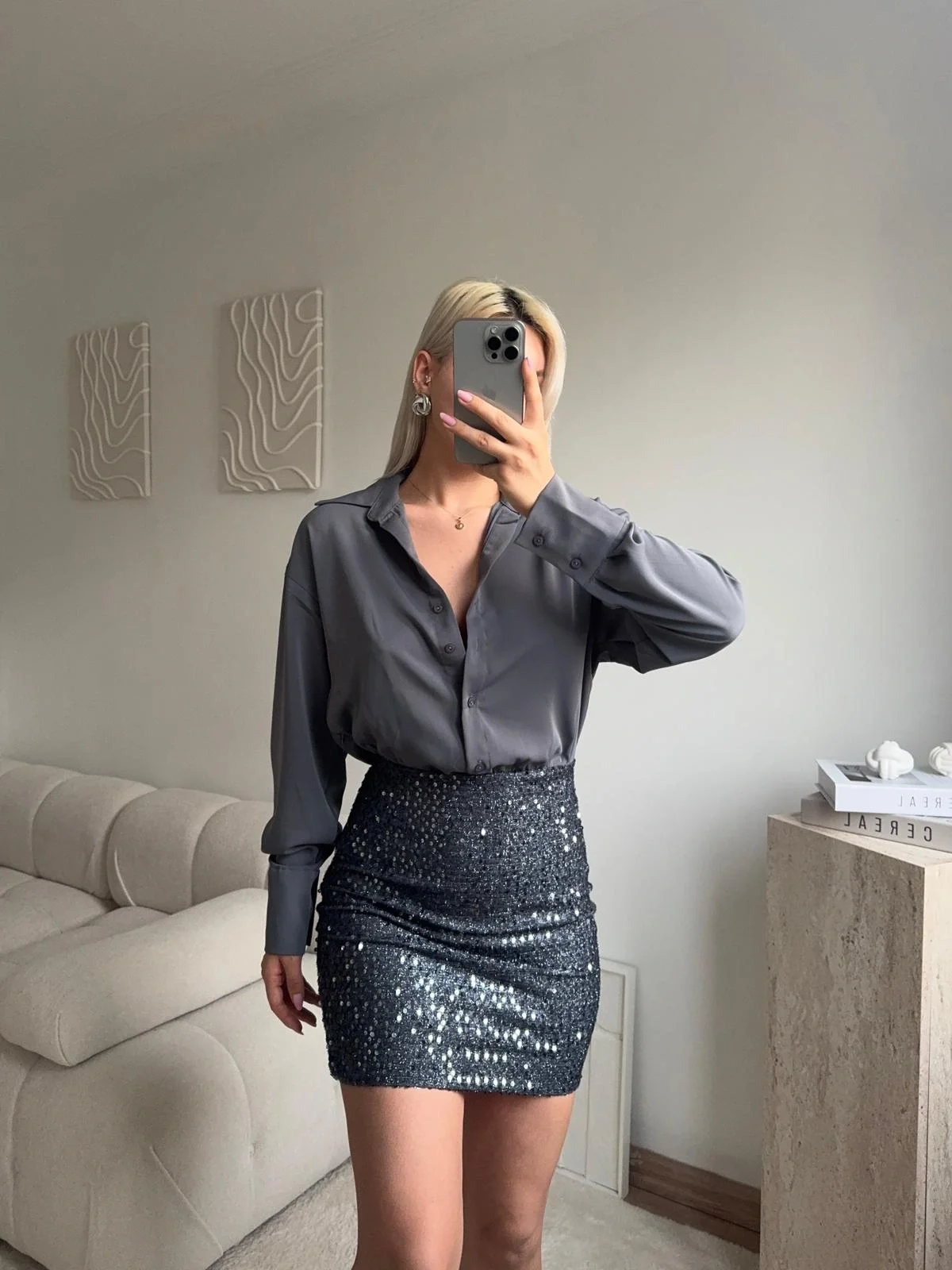 Pul Payet Etekli Gömlek Elbise - GRİ