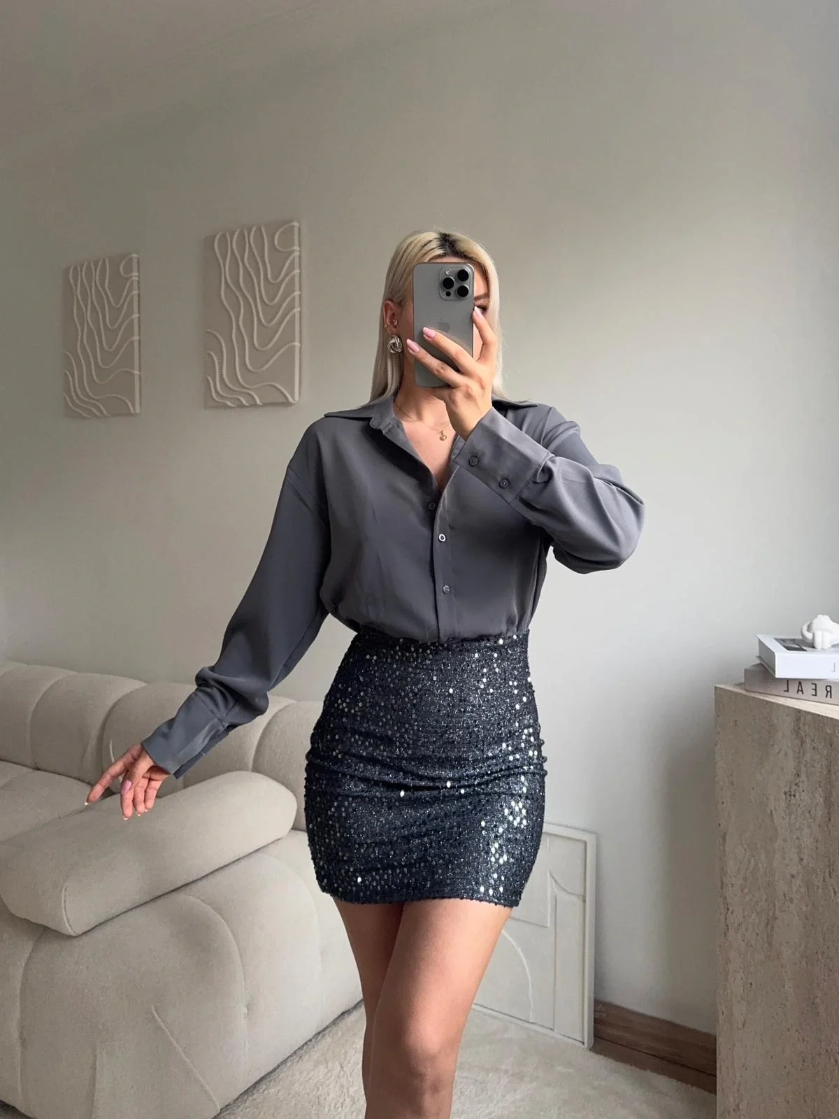 Pul Payet Etekli Gömlek Elbise - GRİ